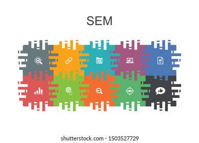 SEM cartoon template with flat elements. Contains such icons as Search engine, Digital marketing, Content