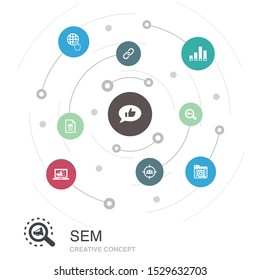 SEM colored circle concept with simple icons. Contains such elements as Search engine, Digital marketing, Content