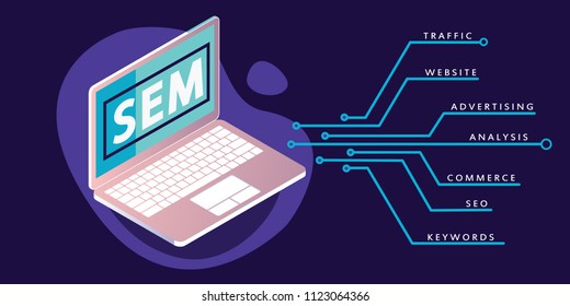 SEM  concept banner in neon and purple colors. Vector illustration Search engine marketing