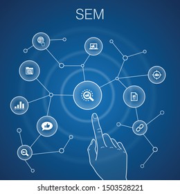 SEM concept, blue background.Search engine, Digital marketing, Content, Internet icons