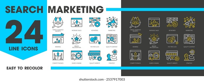 Sem ícones. Sinais de linha de vetor de marketing do mecanismo de pesquisa definidos. Almejar o crescimento do público, aumentar as vendas, palavras-chave, classificação ou reconhecimento da marca. Pagamento por clique, conteúdo de qualidade, competitividade e estratégia