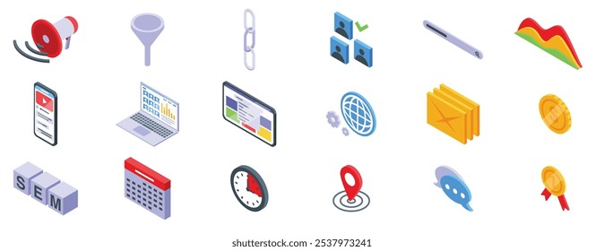 Conjunto de iconos SEM. Iconos isométricos para el marketing del motor de búsqueda, megáfono, embudo, cadena, equipo, control deslizante, gráfico, teléfono inteligente, computadora portátil, Sitio web, globo, correo, moneda, letras de sem