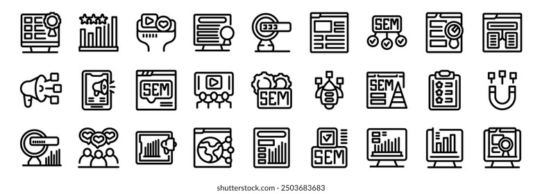 SEM-Symbole festgelegt. Liniensymbole, die ein Marketingteam darstellen, das ein erfolgreiches Suchmaschinen-Marketing entwickelt - sem - Kampagne