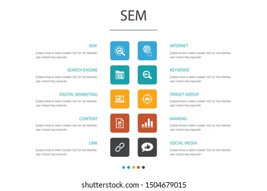 SEM Infographic 10 option concept.Search engine, Digital marketing, Content, Internet icons
