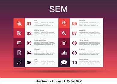 SEM Infographic 10 option template. Search engine, Digital marketing, Content, Internet icons