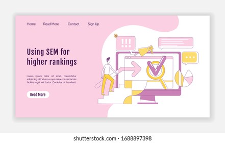 SEM landing page flat silhouette vector template. Internet advertising homepage layout. Search optimization strategies one page website interface with cartoon outline character. Web banner, webpage