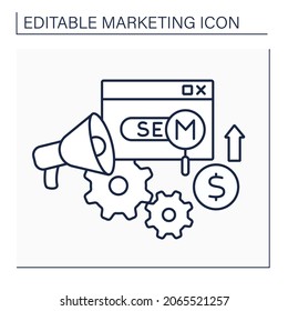 SEM line icon. Search Engine Marketing. Setting up and optimizing ads. Higher placement on search engines.Marketing concept. Isolated vector illustration. Editable stroke