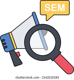 SEM with Magnifying Glass Concept, Online announcement vector color icon design, Digital Marketing symbol, Search Engine Optimization Sign, SEO and SMM stock illustration