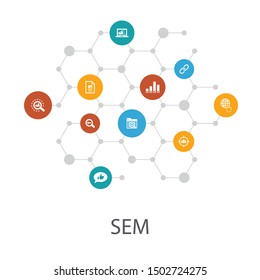 SEM presentation template, cover layout and infographics. Search engine, Digital marketing, Content, icons