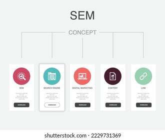 SEM, Search engine, Digital marketing, Content, Link icons Infographic design template. Creative concept with 5 steps