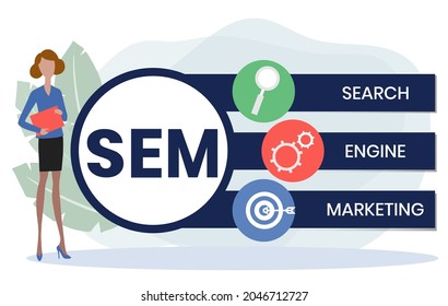 SEM - Search Engine Marketing acronym, Concept with keywords, letters and icons. Colored flat vector illustration. Isolated on white background.