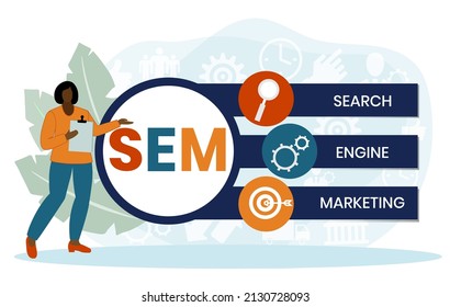 SEM - Search Engine Marketing acronym, Concept with keywords, letters and icons. Colored flat vector illustration. Isolated on white background.