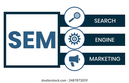 SEM - acrónimo de Marketing de Motor de Búsqueda, Concepto con Palabras claves, letras e iconos. Ilustración vectorial plana de color. Aislado sobre fondo blanco.