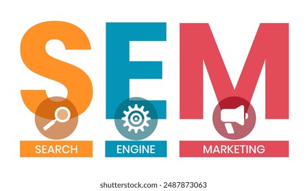 SEM - Search Engine Marketing acronym, Concept with keywords, letters and icons. Colored flat vector illustration. Isolated on white background.