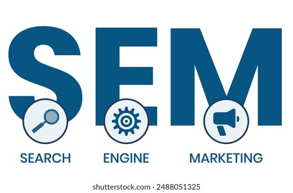 SEM - Search Engine Marketing acronym, Concept with keywords, letters and icons. Colored flat vector illustration. Isolated on white background.