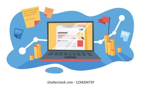 SEM search engine marketing for business promotion in the internet. Web page optimization and site construction. Isolated flat vector illustration