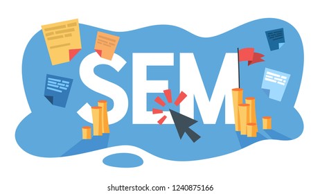 SEM search engine marketing for business promotion in the internet. Web page optimization and site construction. Isolated flat vector illustration