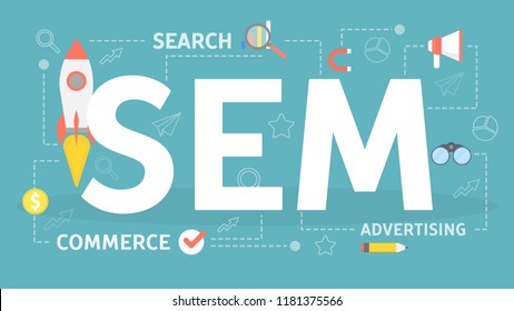 SEM or search engine marketing concept illustration. Web page advertisement in the internet ad website optimization. Vector flat illustration