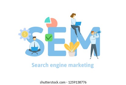 SEM, search engine marketing. Concept with keywords, letters, and icons. Colored flat vector illustration. Isolated on white background.