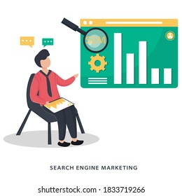 SEM or search engine marketing concept illustration with a man working. Search engine analytics. Vector isolated concept creative illustration
