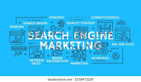 Iconos vectoriales de línea de marketing del motor de búsqueda SEM. Ranking, aumento de ventas, reconocimiento de marca y Palabras claves. Contenido de calidad, estrategia, competitividad y juego de símbolos lineales de pago por Hacer clic