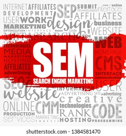 SEM (Search Engine Marketing) word cloud collage, technology business concept background