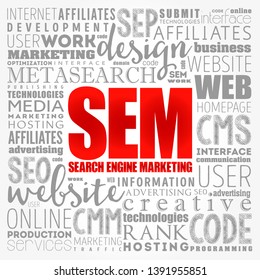 SEM (Search Engine Marketing) word cloud collage, technology business concept background