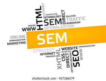 SEM, Search Engine Marketing word cloud, tag cloud, vector graphic - business and internet concept