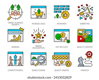 Iconos del motor de marketing de búsqueda SEM, Internet SEO, tráfico de Web y optimización de contenido en línea, símbolos de línea de Vector. Iconos de estrategia de Palabras claves SEM, gestión de ventas de Sitios web y análisis de clasificación de Sitios web