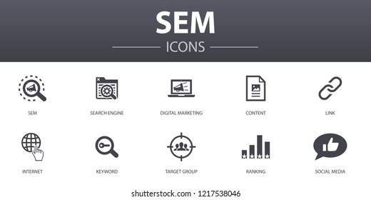 SEM simple concept icons set. Contains such icons as Search engine, Digital marketing, Content, Internet and more, can be used for web, logo, UI/UX