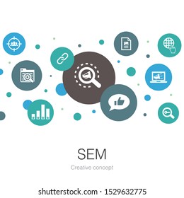 SEM trendy circle template with simple icons. Contains such elements as Search engine, Digital marketing, Content