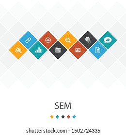 SEM trendy UI template infographics concept.Search engine, Digital marketing, Content, icons
