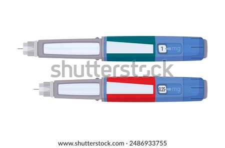 Semaglutide 0.25 mg and 1 mg dose injection pens with needles vector drawing isolated on white.