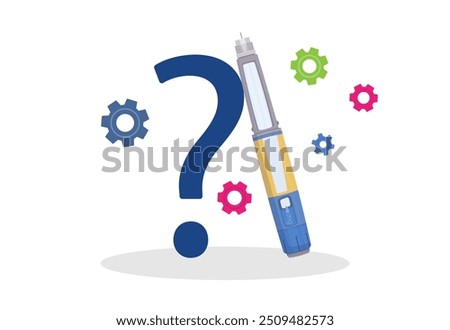 Semaglutide injection pen vector drawing with a question mark and colorful gears, symbolizing safety concerns, mechanism of action and how it works in diabetes treatment and weight loss