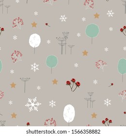 Semaless Christmas pattern with spruce branches, berries, trees and snowflakes, Christmas background with decorative and Winter forest. Pattern for holiday wrapping paper,fabric, textile