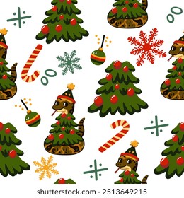 Semaless pattern of snakes, symbol of 2025, cute little snakes for Christmas and New Year decoration