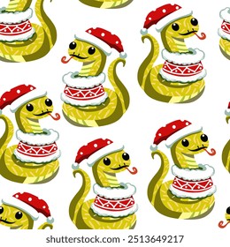 Semaless pattern of snakes, symbol of 2025, cute little snakes for Christmas and New Year decoration