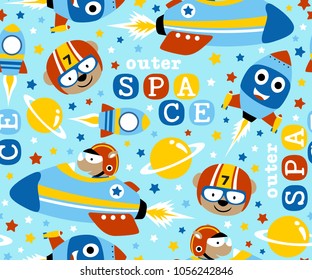 semaless pattern vector with spacecraft and spaceman cartoon, outer space