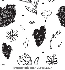 Semaless vector pattern - boho style. Hearts and flowers, rainy drops on white background. Doodles.