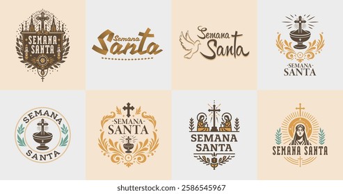 Semana Santa, Lent Holy Week spanish text, vector emblem collection Latin religious tradition Catholic good friday design set