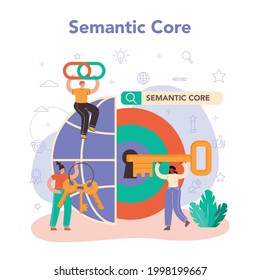 Concepto medular semántico. Mecanismo SEO. Idea de optimización de motores de búsqueda para sitios web como estrategia de marketing. Promoción de páginas Web en Internet, auditoría de sitios. Ilustración plana del vector