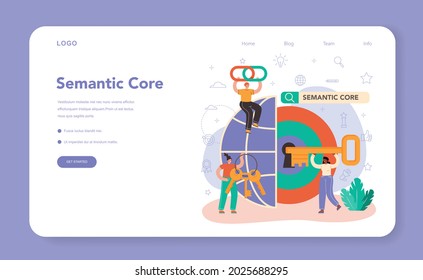 Semantic core web banner or landing page. SEO mechanism. Idea of search engine optimization for website as marketing strategy. Web page promotion in the internet, site audit. Vector flat illustration