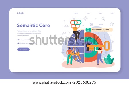 Semantic core web banner or landing page. SEO mechanism. Idea of search engine optimization for website as marketing strategy. Web page promotion in the internet, site audit. Vector flat illustration