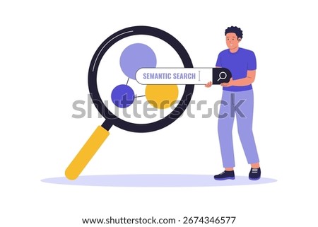 Semantic Search and Modern SEO Strategy. Analyzing User Intent and Contextual Meaning for Website Optimization, Highlighting the Future of Search Engines. Flat Vector Illustration.