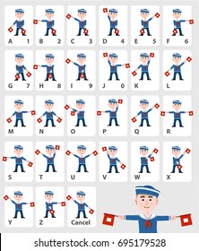 Semaphore Alphabet Flags On A White Background In Blue Uniform Cartoon Sailor