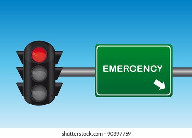 semaphore with emergency text over green sign. vector illustration