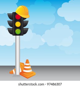 semaphore with helmet and traffic cones over sky. vector