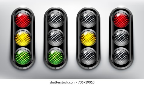 Semaphore. Traffic lights icon. Realistic and isolated with transparent glass shine and shadow on the light background. Vector illustration. Eps10.