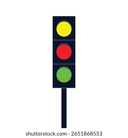 Semaphore. Traffic signage in illustrative format. Green, yellow, red and black colors. Traffic light in the background, white . 