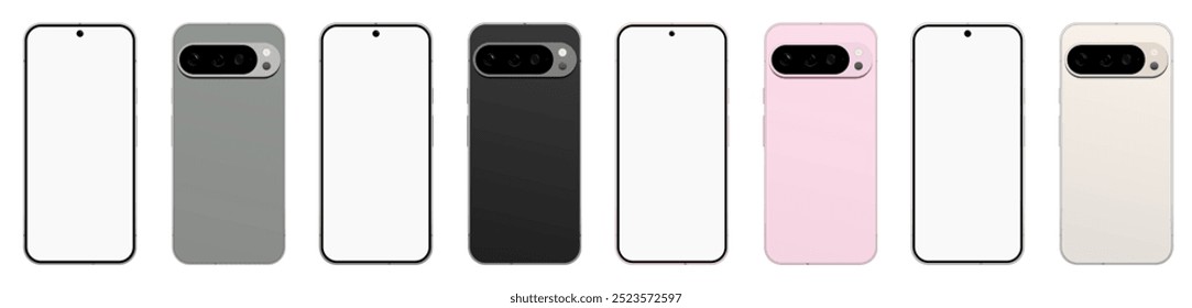 Semarang, Indonesien - 29. September 2024: Google Pixel 9 Pro Mockup mit allen Farbvarianten, Porzellan, Hazel, Obsidian, Rosenquarz. Weißer Bildschirm für Smartphone-Mockup. Vorschaubild Google Pixel 9 pro